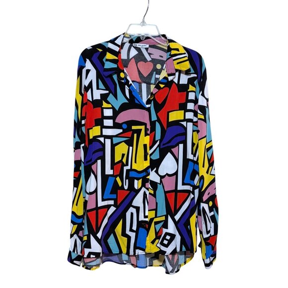 Big Dart Tops - Big Dart Abstract Blouse 3XL Long Sleeves Faces Color Block Pop Art Maximalist